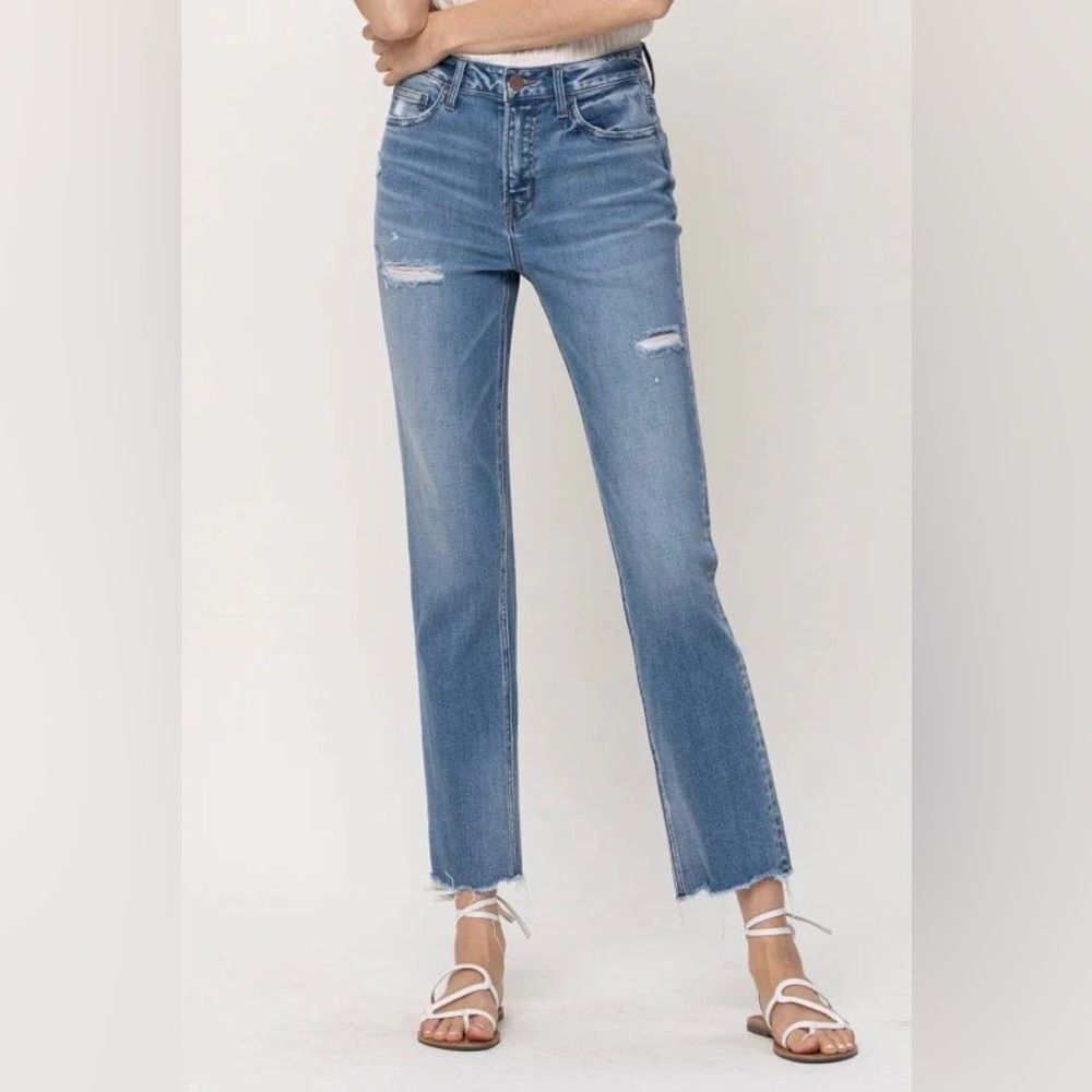 Flying Monkey Washed Blue Straight Leg Jeans with Raw Hem